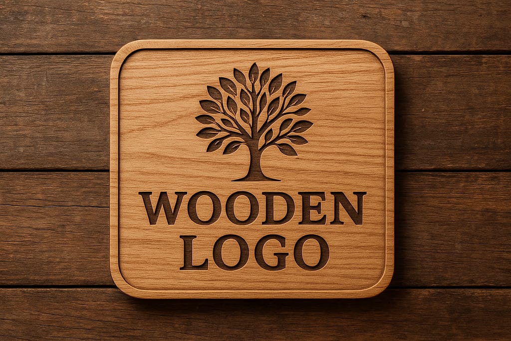 Laser-cut wooden logo sign featuring a carved tree design and bold engraved text, placed on a rustic wooden background.