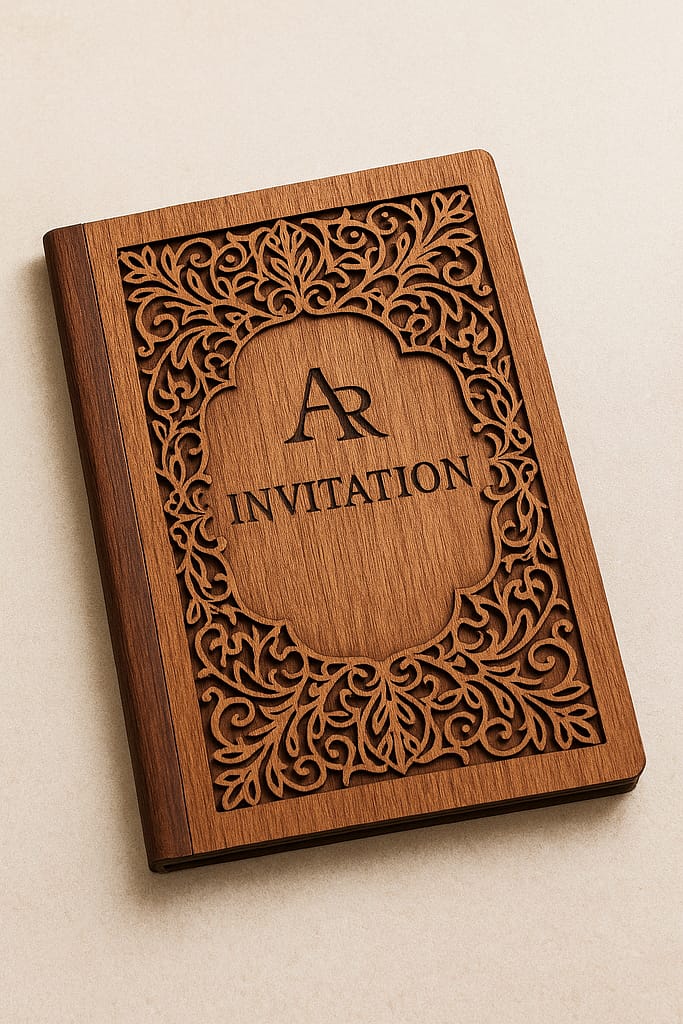 Elegant laser-cut wooden invitation cover with engraved design, perfect for weddings and luxury events.